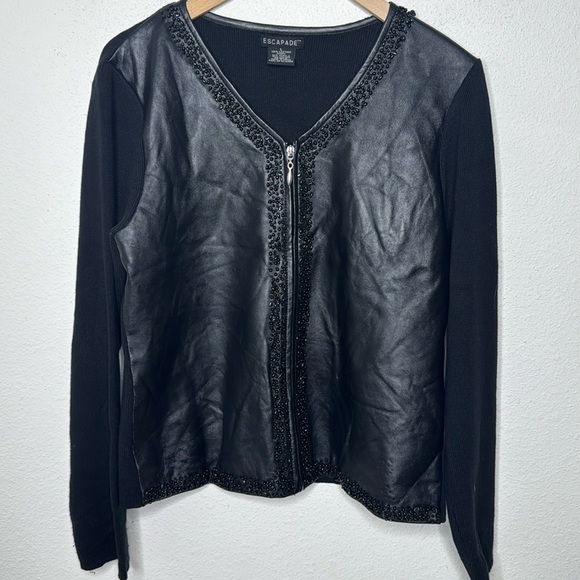 Escapade large black leather & knit zipper cardigan with embellishments - Picture 1 of 4